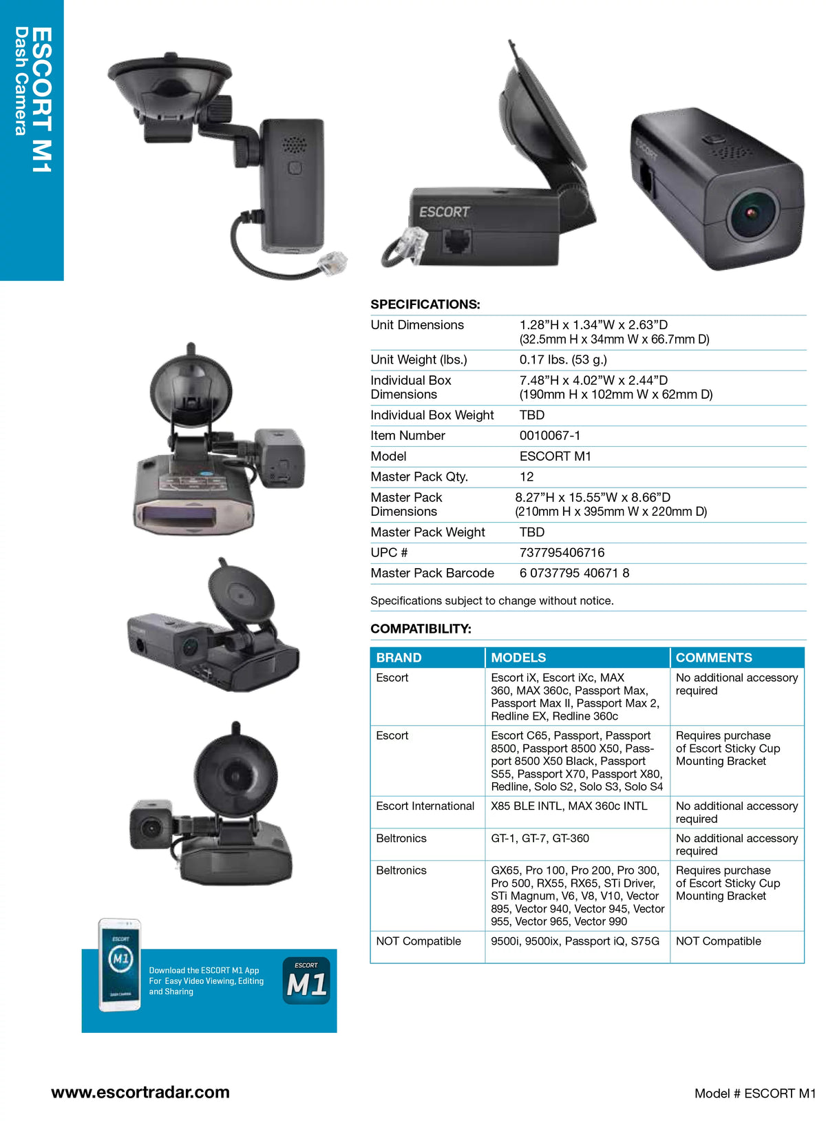 ESCORT M1 DASH CAM - Companion Dash Cam to your Escort Radar Detector. Video/audio Clip Saving, Editing & Sharing