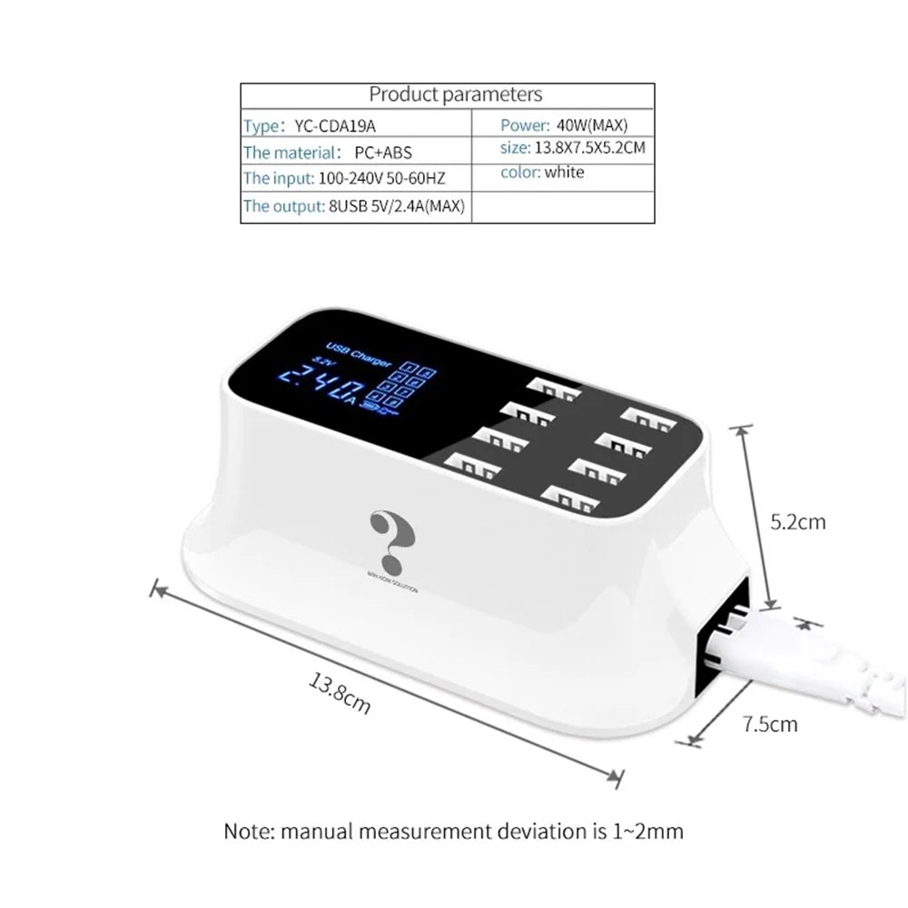 Mignova Multiple USB chargers, 8-port desktop charging station hub for LCD display, compatible with iOS and Android devices (iPhone, iPad, Huawei, Samsung Galaxy)