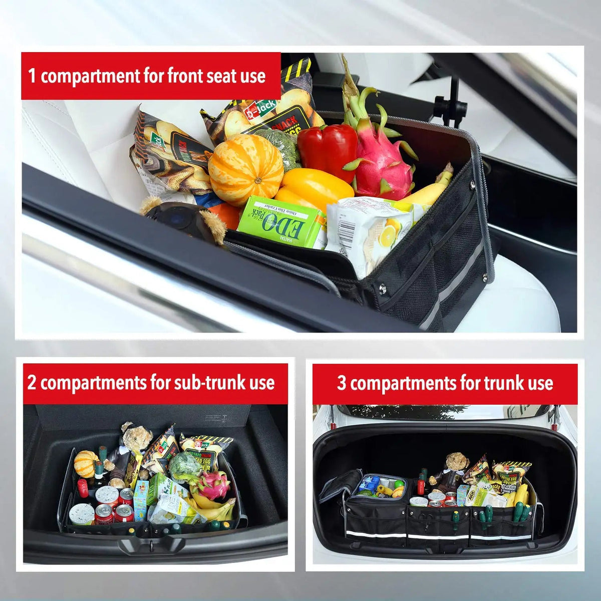 Glamor D Collapsible Trunk Organizer with Insulated Leak-proof Cooler Bag - 5-in-1 Car & SUV Cargo Storage Solution with Foldable Lid, Removable Dividers, and 2 Tie-Down Straps - Black