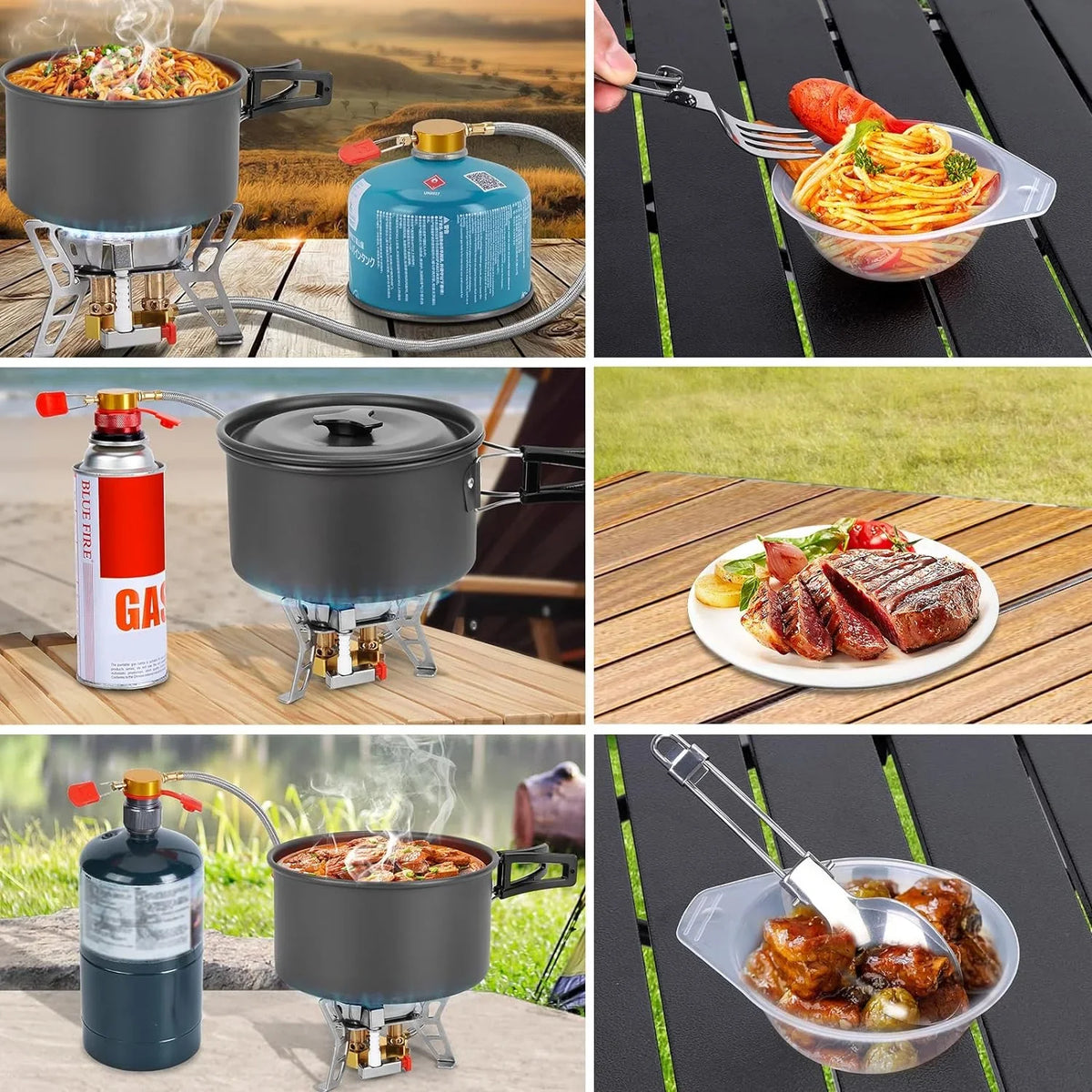 WADEO 6800W Windproof Camping Stove with Camping Pot, Camping Cookware Kit with Camping Gas Stove, Fuel Canister Adapters, Knife, Spoon, Fork, Bowl and Soup Spoon for Outdoor Backpacking Hiking Picnic