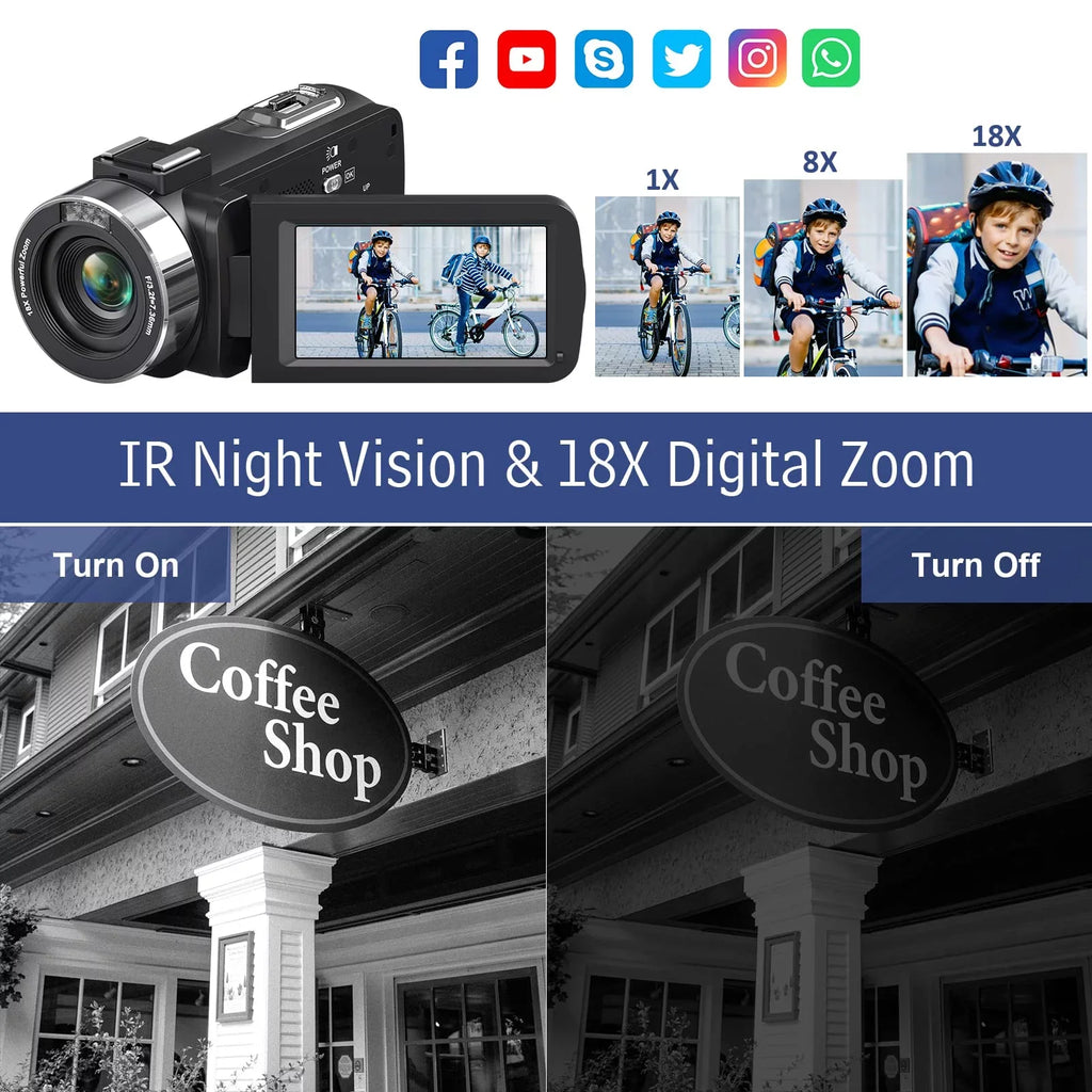 MARVUE Video Camera 4K Camera 48MP 30FPS Camcorder 18X Digital Zoom 3.0" LCD Touch Screen Vlogging Camera for YouTube with IR Night Vision