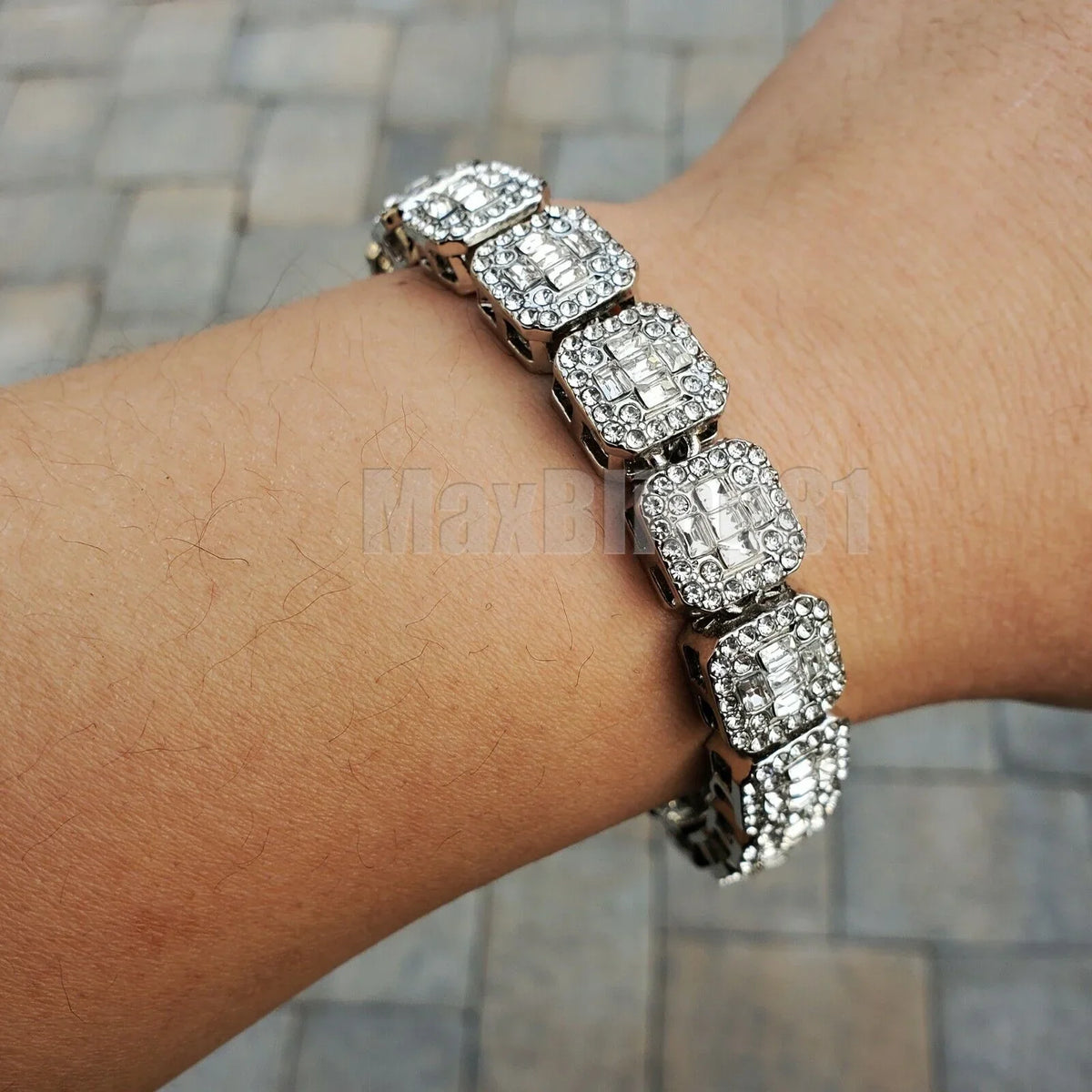 HIP HOP SILVER PT LUXURY BLING RED DIAL WATCH & ICED BAGUETTE STONE Bangle