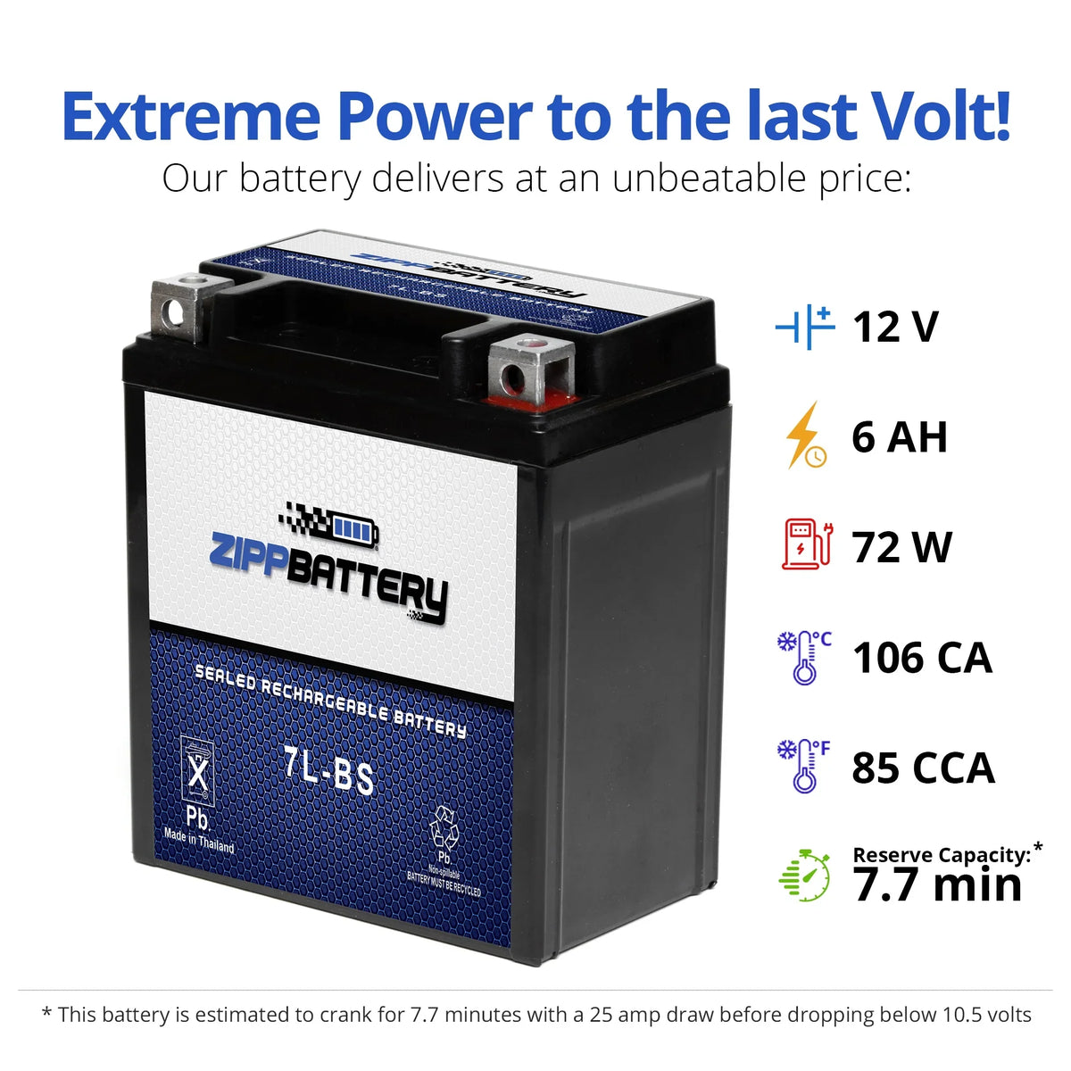 Zipp Battery YTX7L-BS (7L-BS 12 Volt,6 Ah, 75 CCA) Motorcycle Battery for Yamaha Xt225 Serow 225cc 92-'00