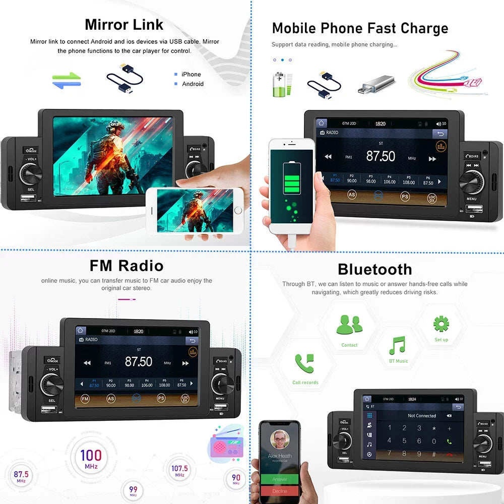 Podofo Single 1 Din 5'' Touch Screen Car Stereo Radio with Apple Carplay Android Auto Mirror Link HD Car MP5 Multimedia Player Bluetooth USB FM Audio Receiver USB, Backup Camera Included
