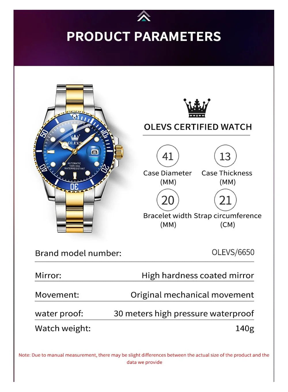 Olevs Automatic Wristwatch for Men Two-Tone Blue Gold Date Adult Male 6650A