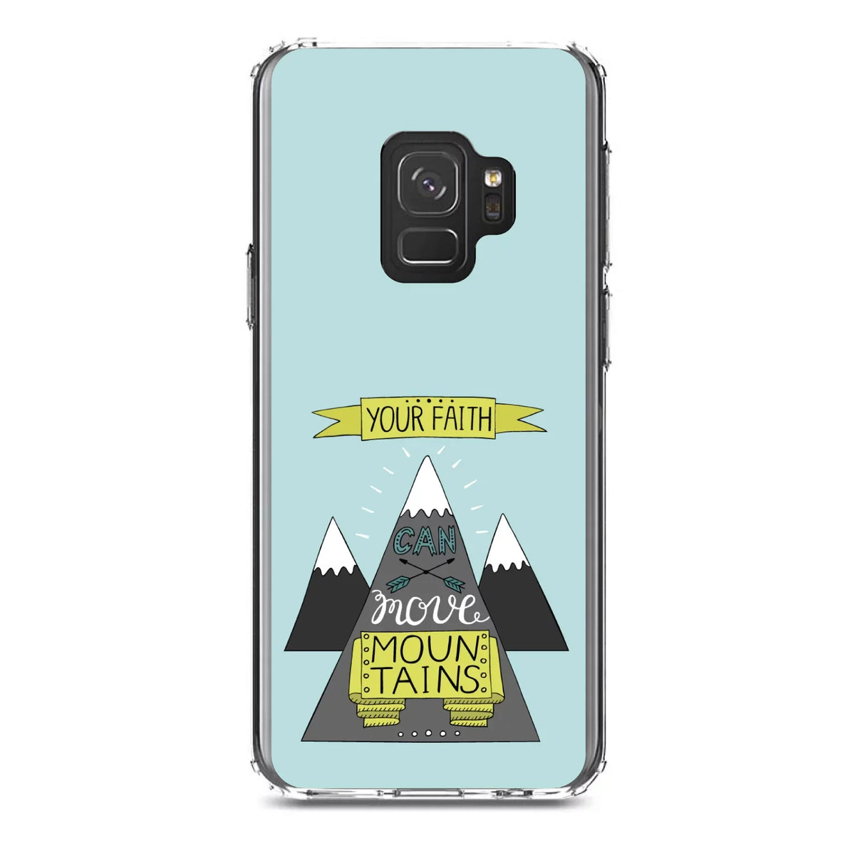 DistinctInk Clear Shockproof Hybrid Case for Samsung Galaxy S9 (5.8" Screen) - TPU Bumper, Acrylic Back, Tempered Glass Screen Protector - Your Faith Can Move Mountains