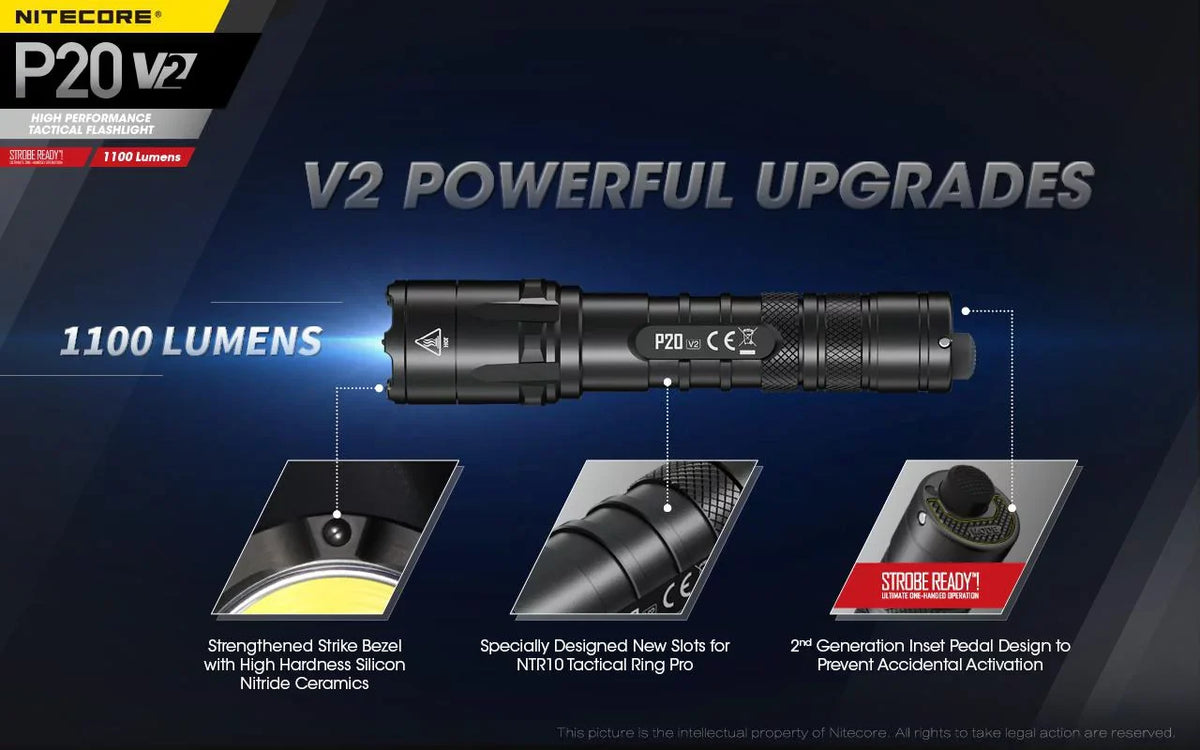 Combo: Nitecore P20 V2 Tactical LED Flashlight - CREE XP-L2 V6 - 1100 Lumens w/NL1834R Battery +Free Eco-Sensa USB Cord