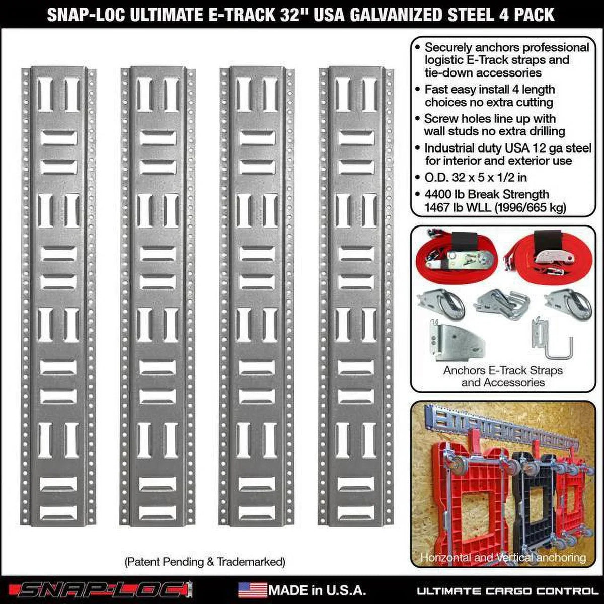 SNAP-LOC Fast-Track E-Track 32 Inch 4-Pack Galvanized Steel Horizontal Vertical, Logistic Tie-Down for Pickups, Trucks, Trailers
