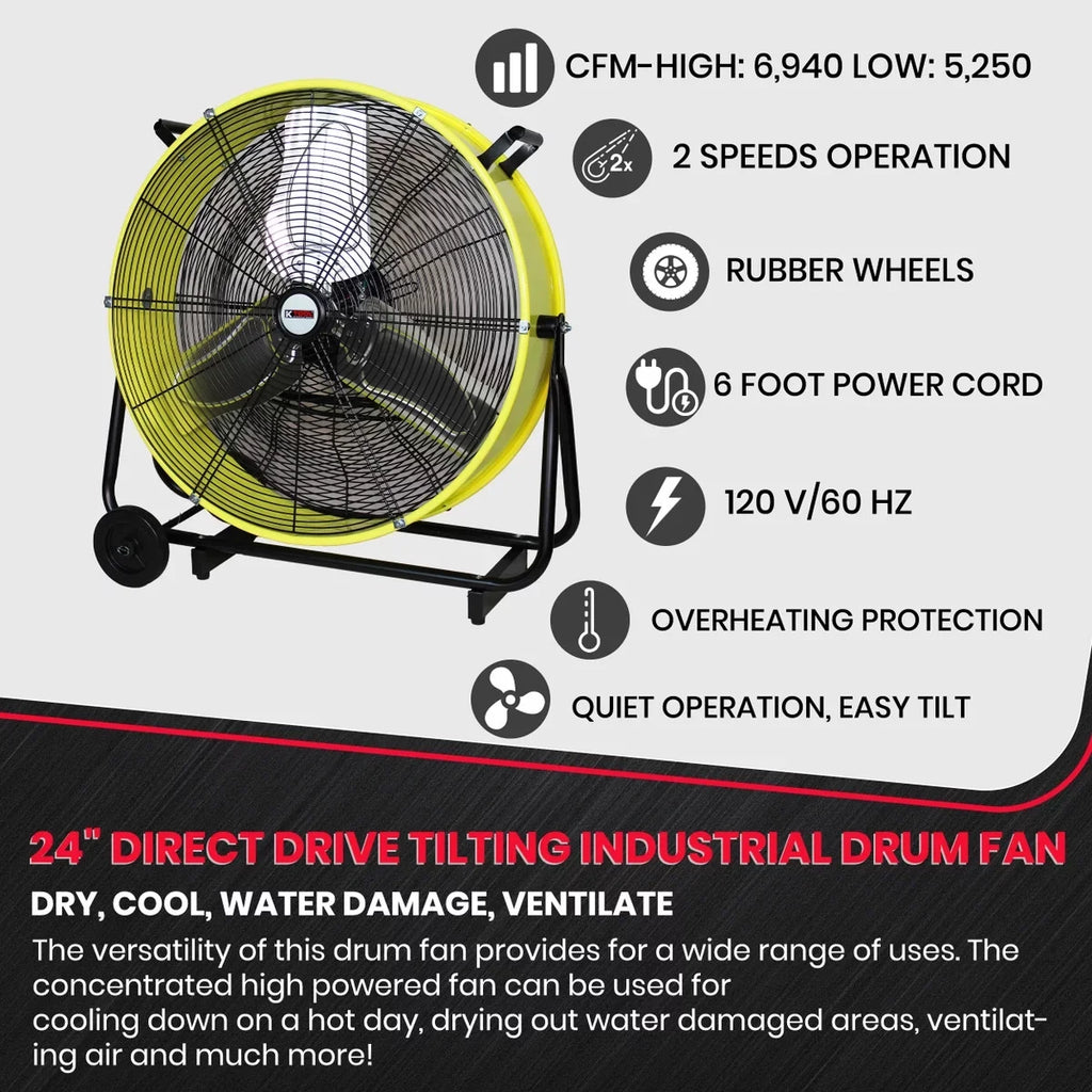 K Tool International 24 in. Direct Drive Tilting Industrial Drum Fan, Safety Yellow