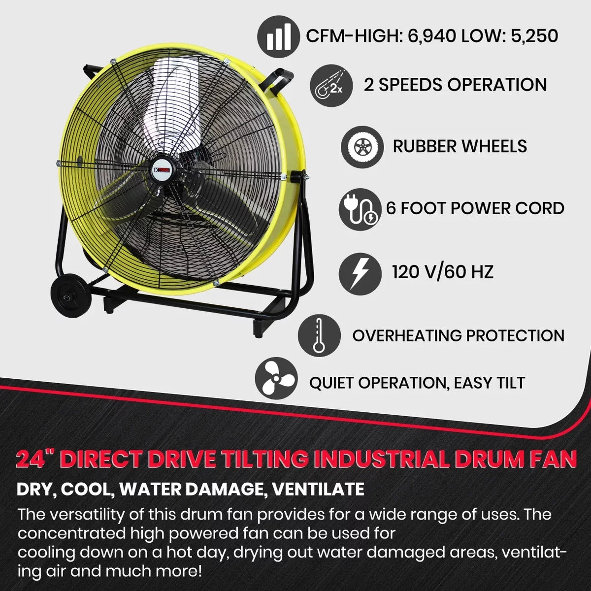 K Tool International 24 in. Direct Drive Tilting Industrial Drum Fan, Safety Yellow