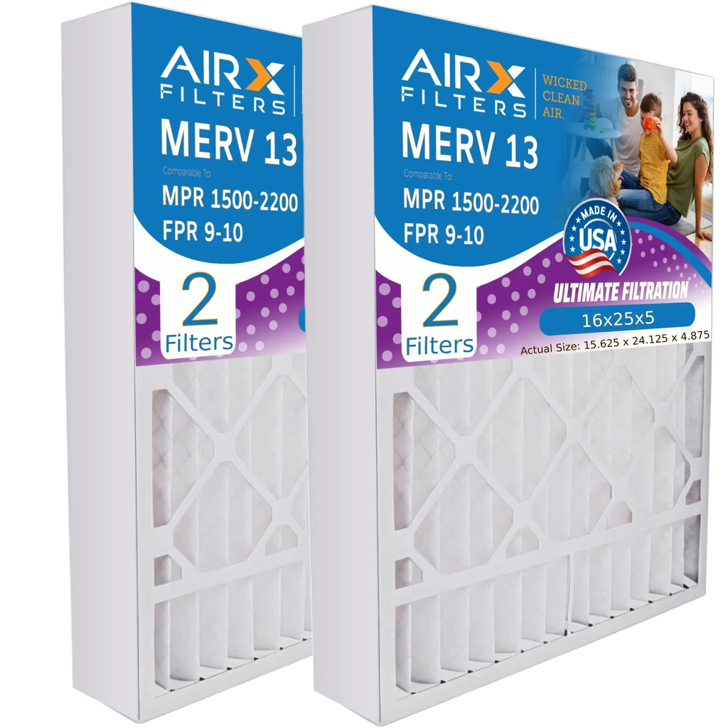 16x25x5 Air Filter MERV 13 Comparable to MPR 1500 - 2200 & FPR 9 Compatible with Air Bear 255649-105 Premium Made 16x25x5 Furnace Filter 2 Pack by AIRX FILTERS WICKED CLEAN AIR.
