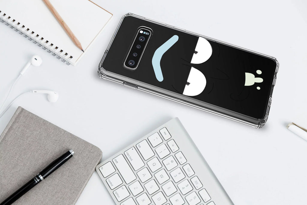 DistinctInk Clear Shockproof Hybrid Case for Samsung Galaxy S10+ PLUS(6.4" Screen) - TPU Bumper, Acrylic Back, Tempered Glass Screen Protector - "Wubba Lubba Dub Dub" Face