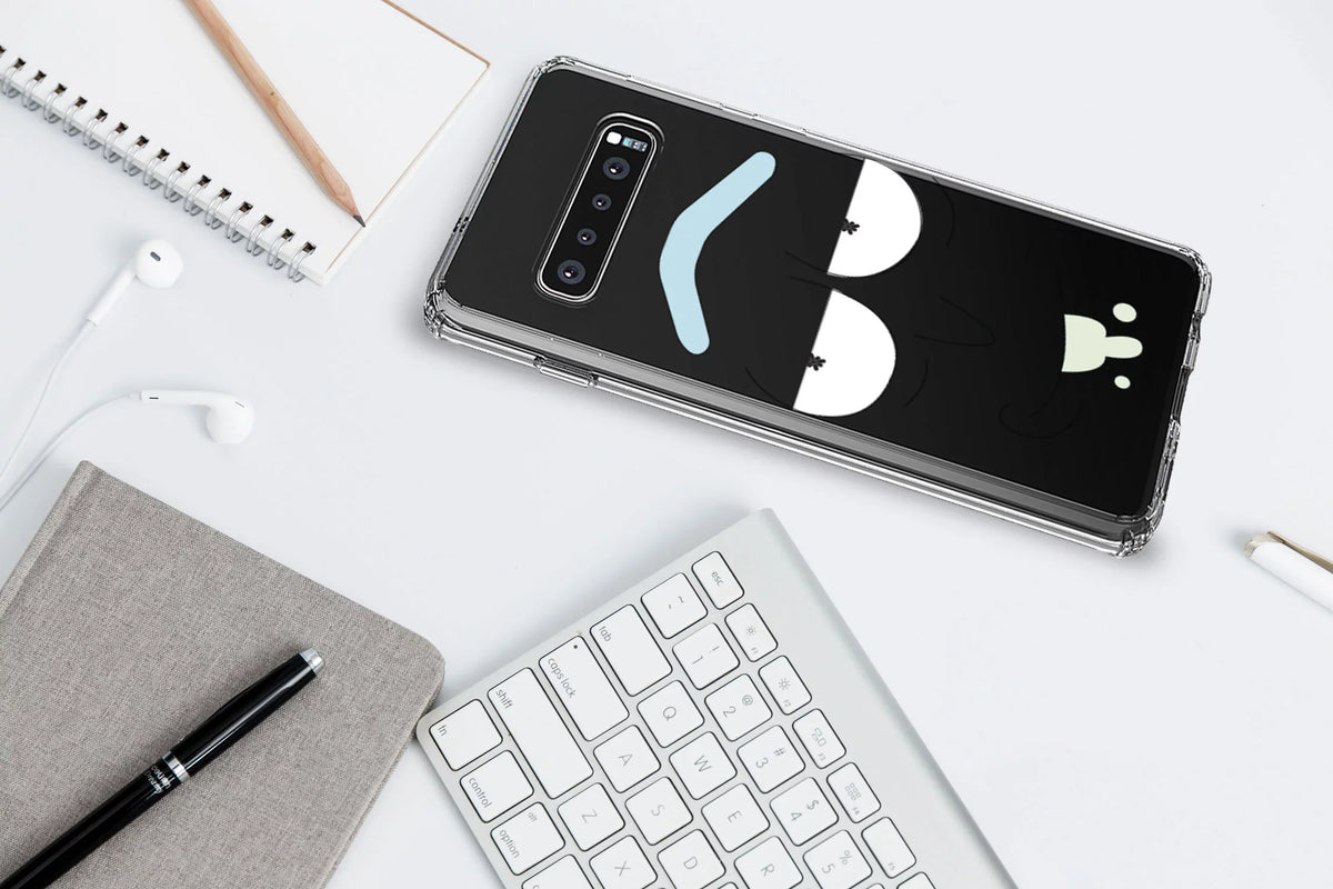 DistinctInk Clear Shockproof Hybrid Case for Samsung Galaxy S10+ PLUS(6.4" Screen) - TPU Bumper, Acrylic Back, Tempered Glass Screen Protector - "Wubba Lubba Dub Dub" Face