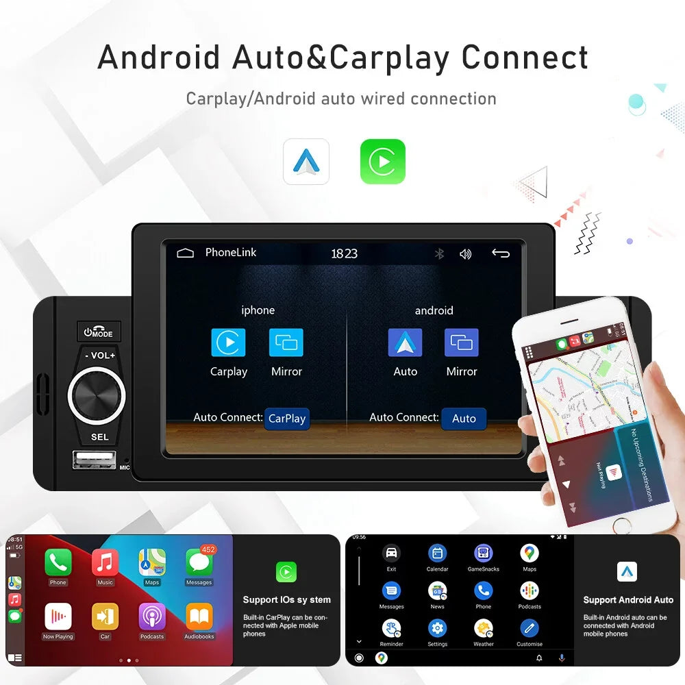 Podofo Single 1 Din 5'' Touch Screen Car Stereo Radio with Apple Carplay Android Auto Mirror Link HD Car MP5 Multimedia Player Bluetooth USB FM Audio Receiver USB, Backup Camera Included
