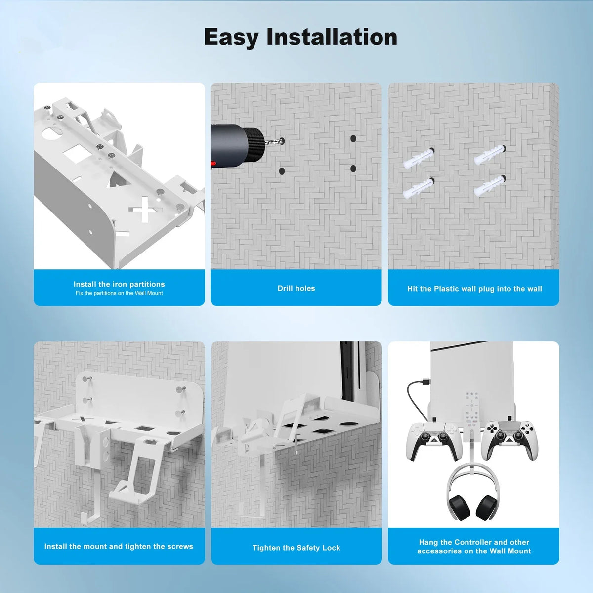 Durable Iron Wall Mount Bracket Set for PS5 Slim Space-Saving, Secure, and Convenient Storage with Dual Charging Cable