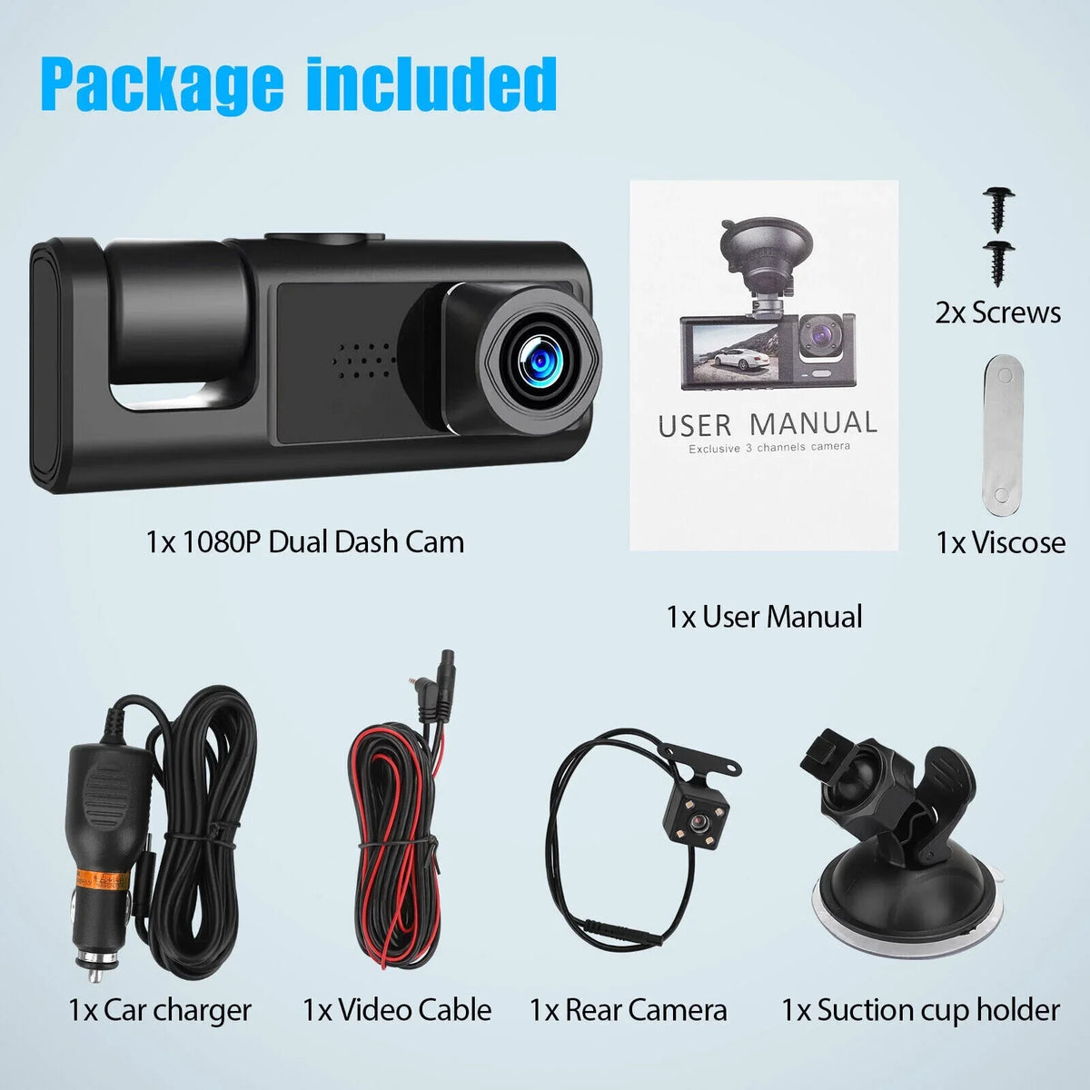 HD 1080P Car Dual Dash Cam, Front/Rear/Inside Dual Lens Dash Camera, Video Recorder Camera with G-sensor