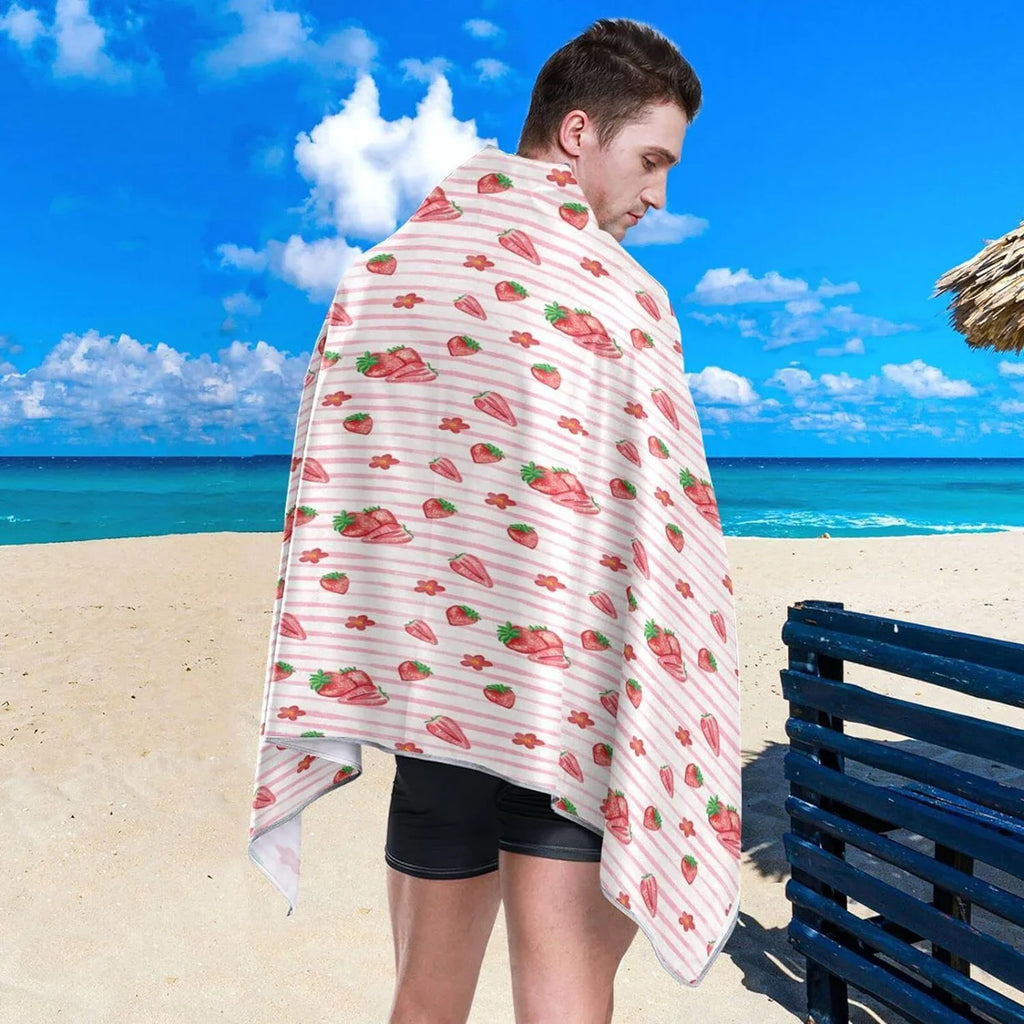 Bestwell Red Strawberry Pink STRI Beach Towel Oversized Towel Blanket, Thin Lightweight Microfiber Sand Free Quick Dry Towel, 30”X60” Multipurpose Pool Bath Yoga Swim Shower Towel