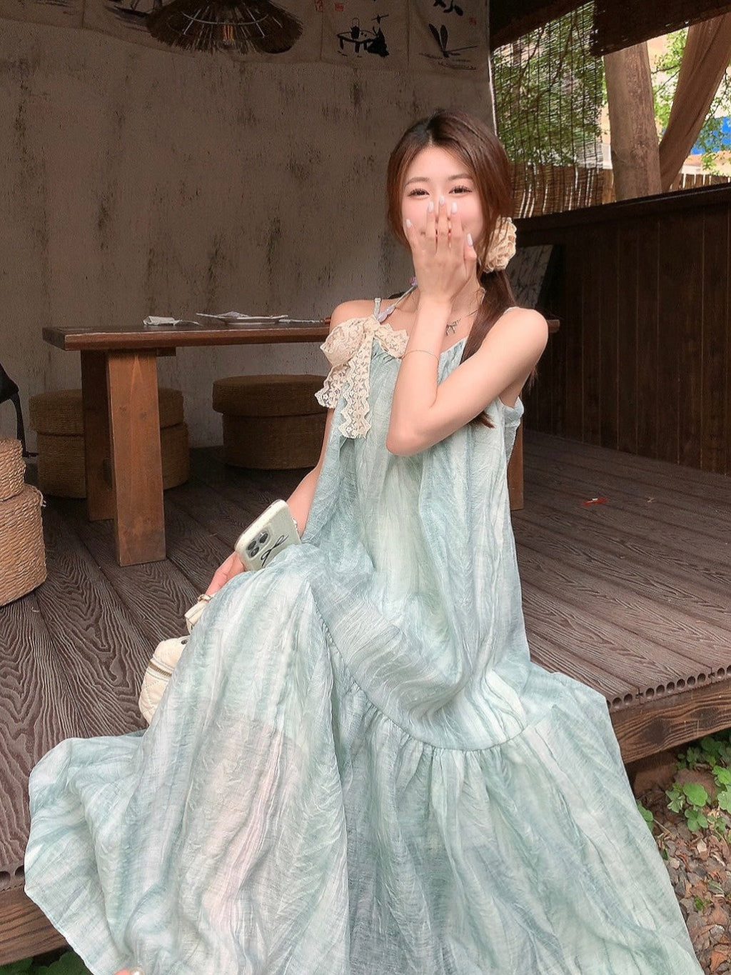 Summer Mambo Green Suspender Dress Loose Sleeveless Halterneck A-Line Long Skirt For Women