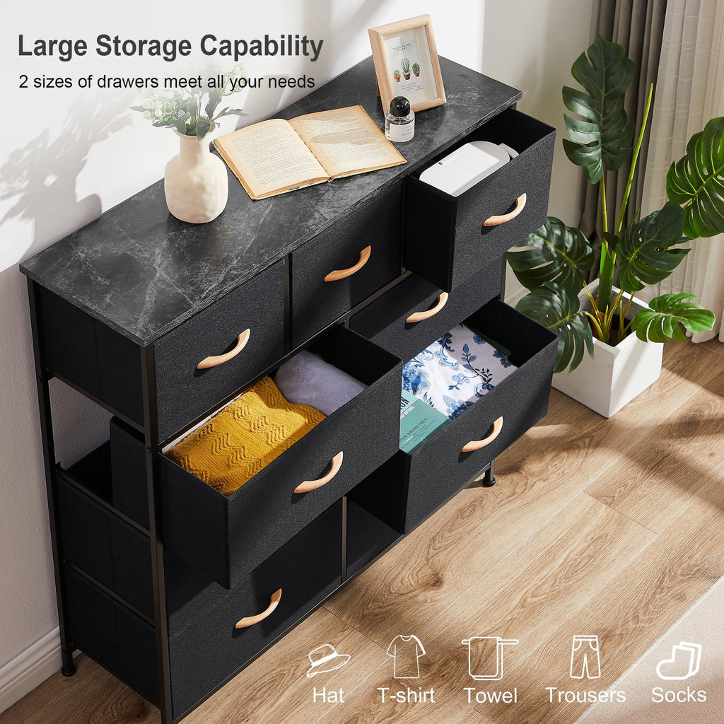 Bigroof Dresser for Bedroom with 9 Drawers, Fabric Dresser Organizer Units, Wide Chests of Drawers with Fabric Bins & Wooden Top, Dresser Storage Tower for Closet, Clothes, TV Stand, Black