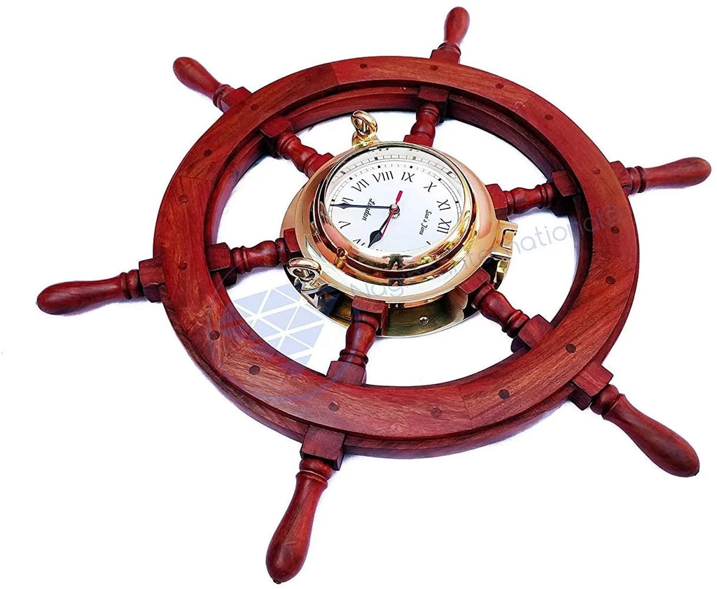 Nagina International Polystone Polished Nautical Brass Porthole Clock Ship Wheel | Pirate's Ocean Home Decor Gift | London Sea's Time (48 Inches)