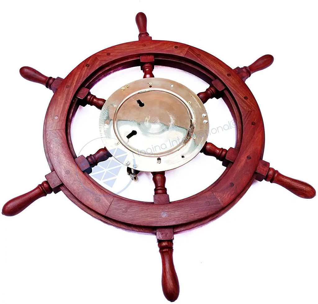 Nagina International Polystone Polished Nautical Brass Porthole Clock Ship Wheel | Pirate's Ocean Home Decor Gift | London Sea's Time (48 Inches)