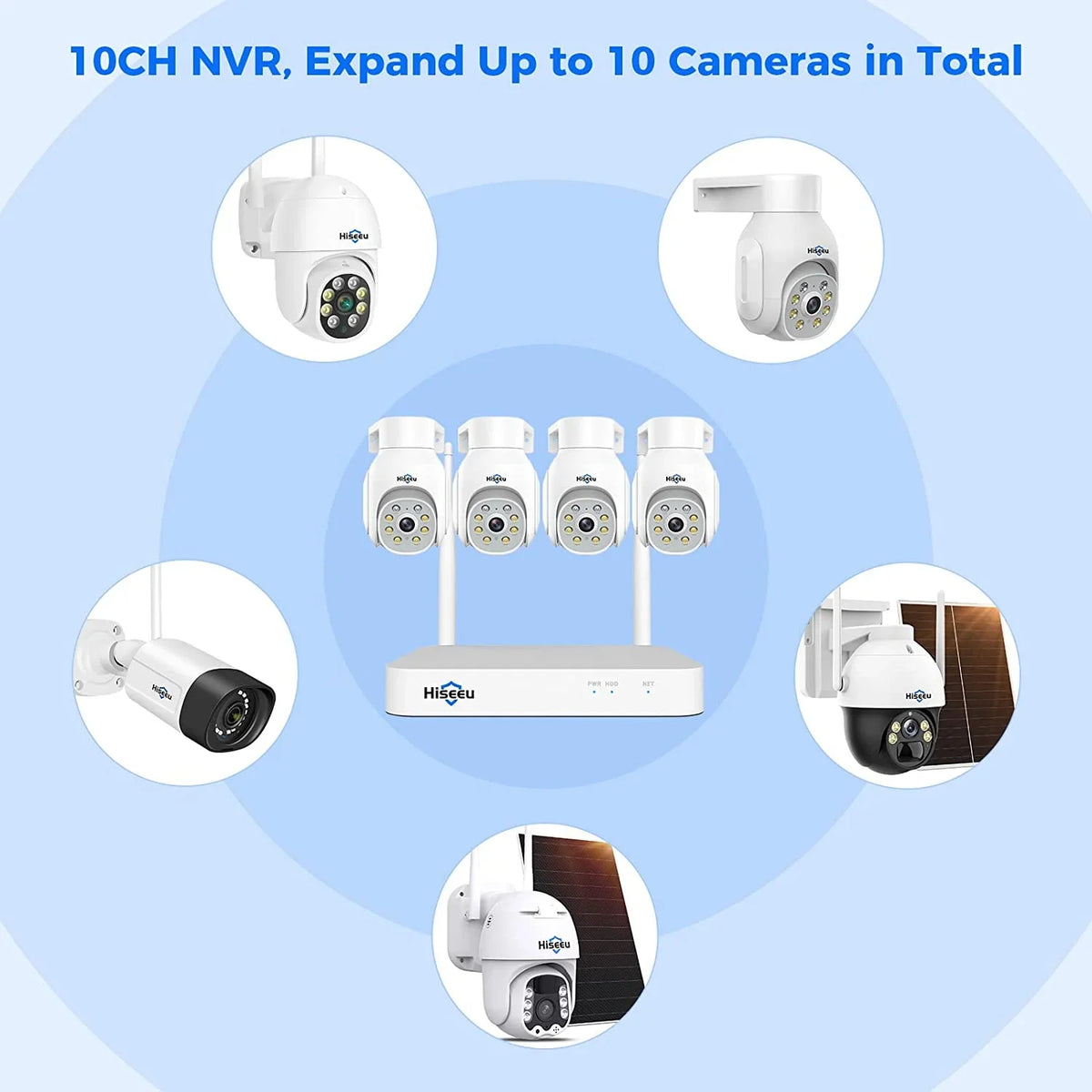 Hiseeu WiFi PTZ Security Camera System,5MP,Expandable 10CH NVR,1TB Hard Drive,12V DC Power Cords,IP66 Waterproof, Motion Alert, Plug&Play,24/7 Motion Record, Auto Track