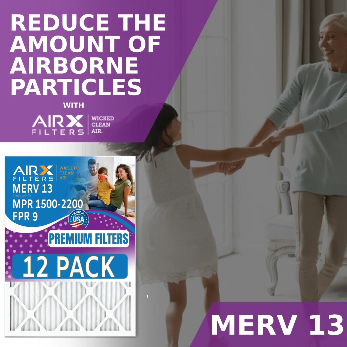 16x30x1 Air Filter MERV 13 Rating, 12 Pack of Furnace Filters Comparable to MPR 1500 - 2200 & FPR 9 - Made in by AIRX FILTERS WICKED CLEAN AIR.