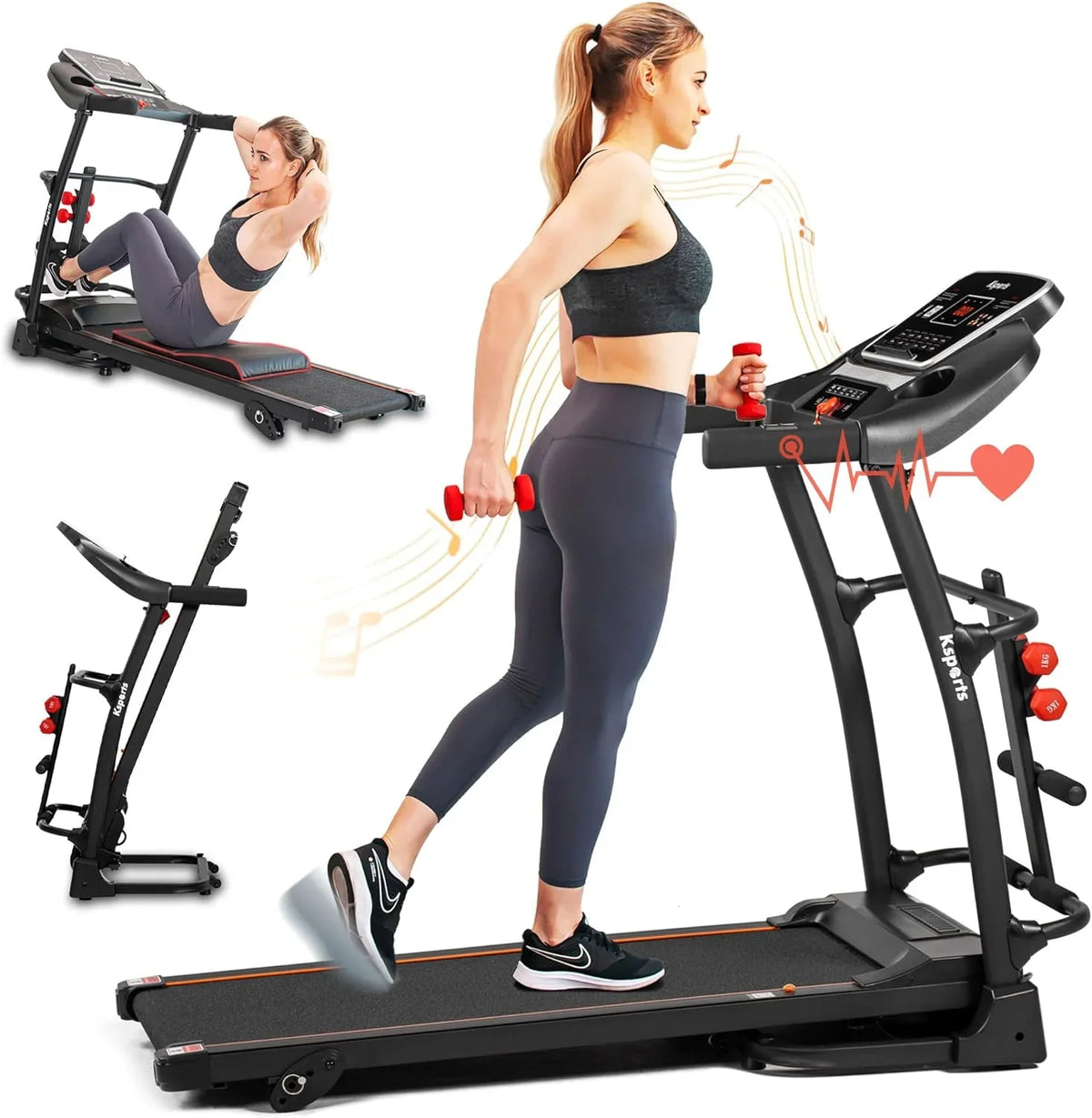 Foldable 16.5 Inch Fitness Portable Treadmill With Bluetooth Connectivity, LCD Display, And Tracking Apps For Home Gym Equipment, Black