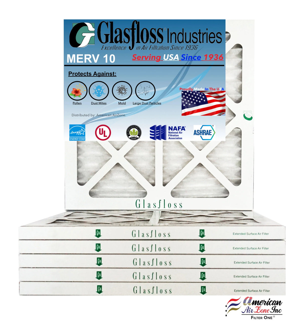 Glasfloss 15x15x1 - MERV 10 -Qty:6 - Furnace Air Filter - Made in (Actual Size: 14.5 x 14.5x7/8 inch)
