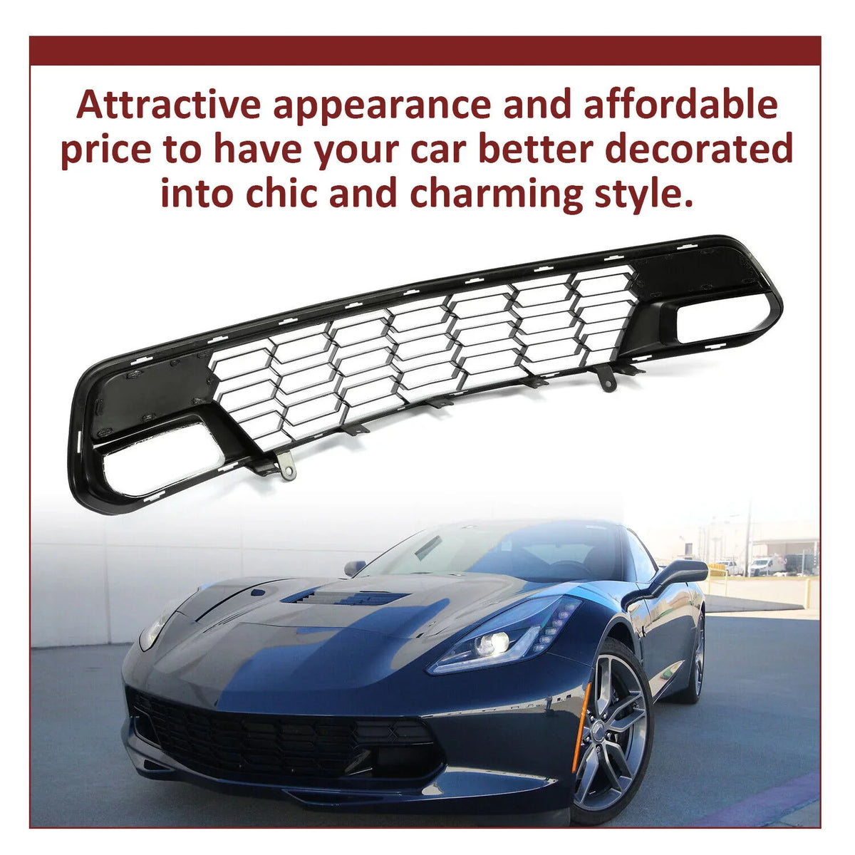 Kojem Front Lower Grille for 2014-2019 Chevrolet Corvette C7 All Models Z06 Style Bumper Wrap Painted Glossy Black Plastic (W/O Front Camera Bracket)