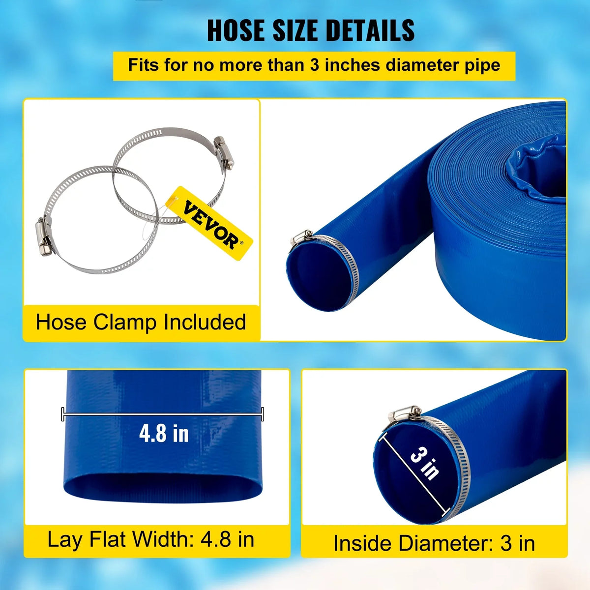 VEVOR Discharge Hose, 3" x 105', PVC Fabric Lay Flat Hose, Heavy Duty Backwash Drain Hose with Clamps, Weather-proof & Burst-proof, Ideal for Swimming Pool & Water Transfer, Blue