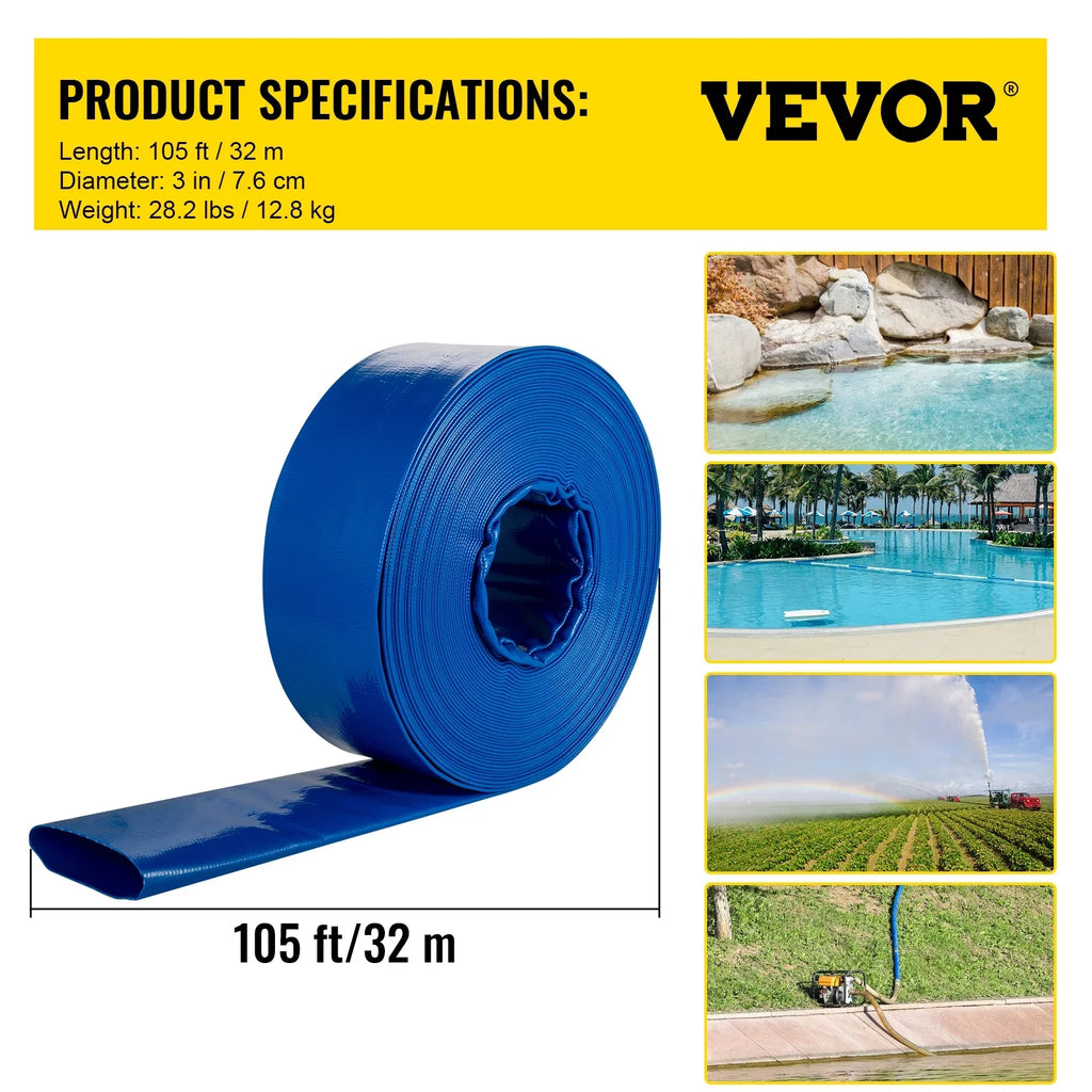 VEVOR Discharge Hose, 3" x 105', PVC Fabric Lay Flat Hose, Heavy Duty Backwash Drain Hose with Clamps, Weather-proof & Burst-proof, Ideal for Swimming Pool & Water Transfer, Blue