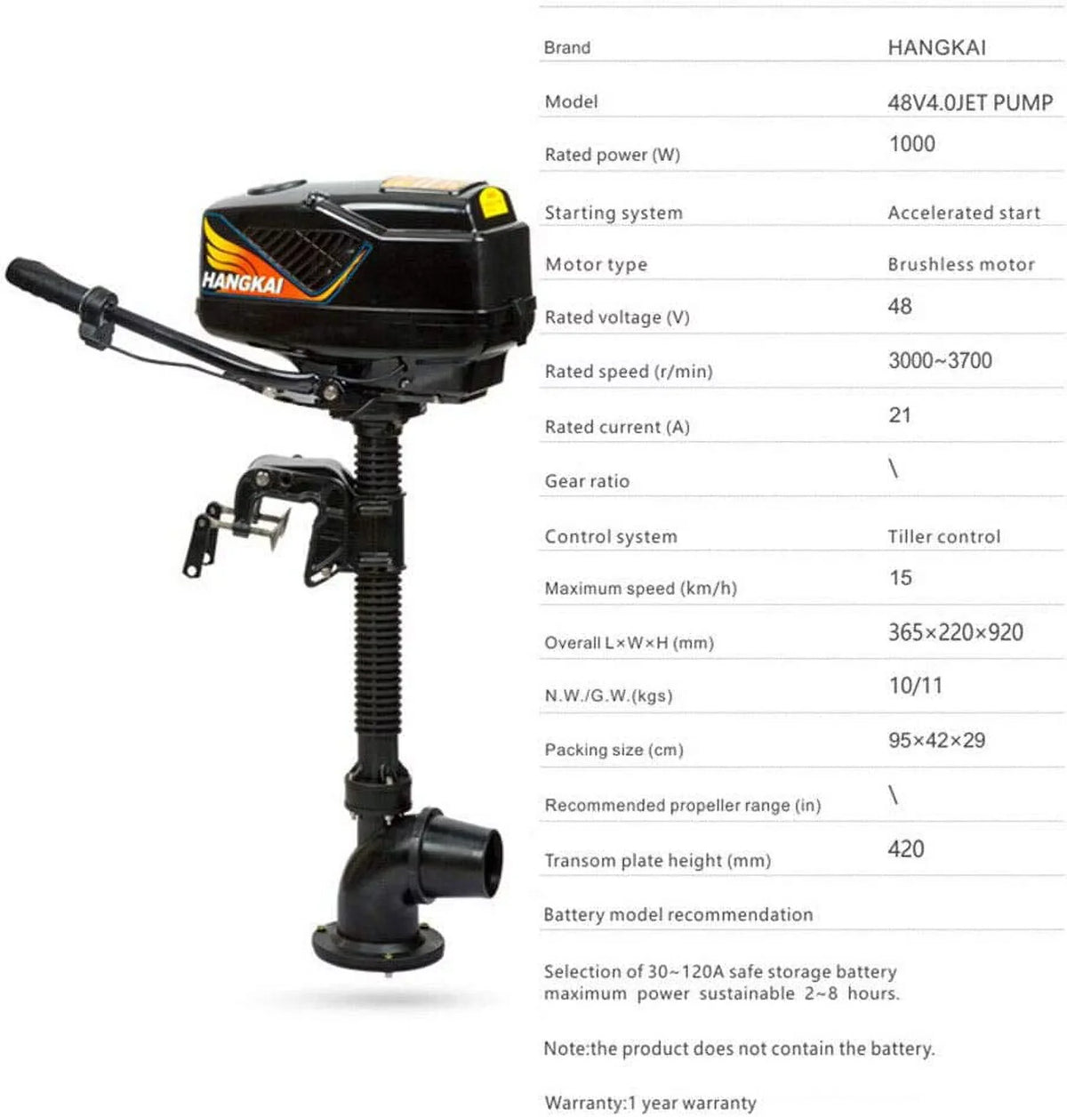 MONIPA 4HP 48V 1000W Electric Outboard Motor Inflatable Fishing Craft Engine Jet Pump Outboard Motor Rubber Tiller Control Brushless Outboard Motor