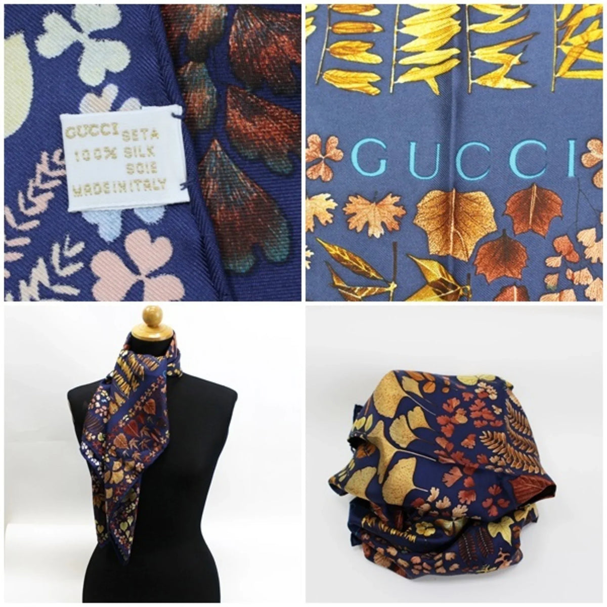 Pre-Owned Gucci Silk Scarf Muffler Navy x Brown Fallen Leaves Pattern GUCCI Ladies (Good)