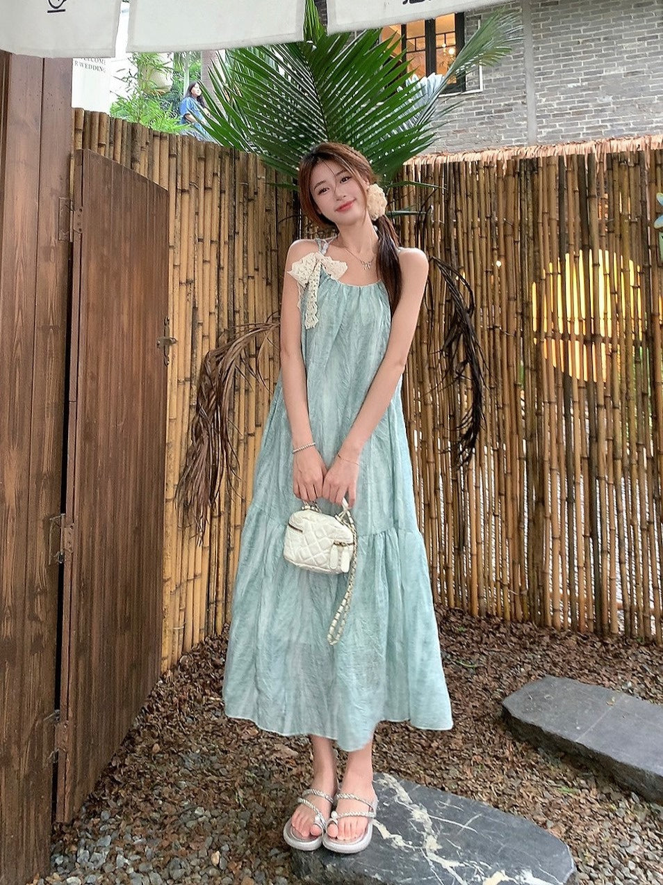 Summer Mambo Green Suspender Dress Loose Sleeveless Halterneck A-Line Long Skirt For Women