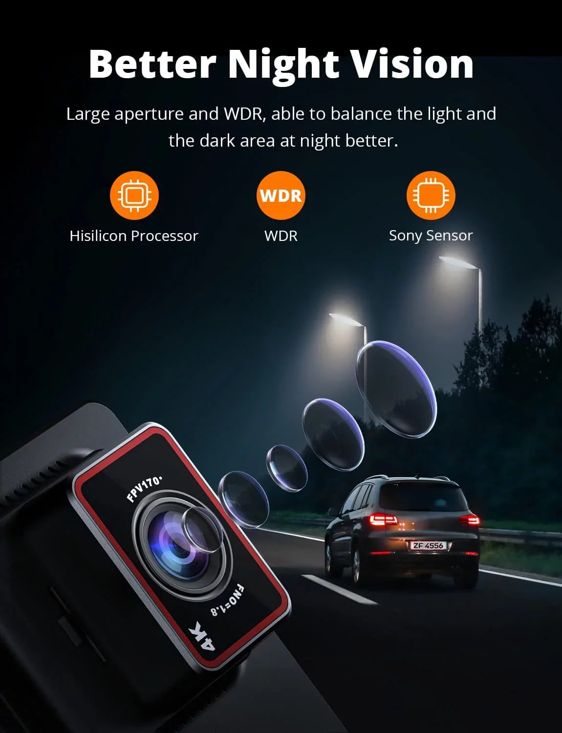 KINGSLIM D4 4K & 1080P Dual Dash Cam, Front and Rear Camera for Cars with 3 Inch IPS Screen, Support 256GB Max