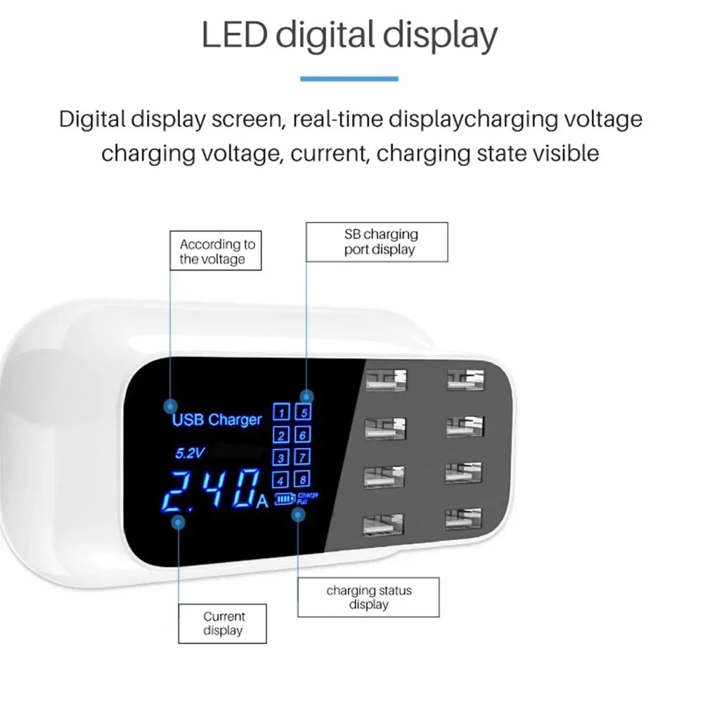 Mignova Multiple USB chargers, 8-port desktop charging station hub for LCD display, compatible with iOS and Android devices (iPhone, iPad, Huawei, Samsung Galaxy)