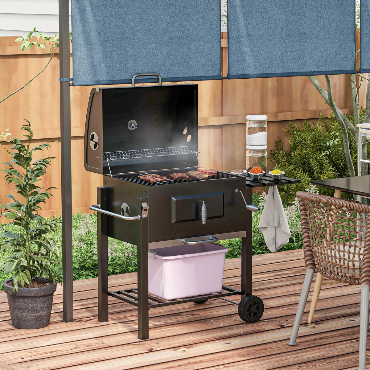 Homiyad Charcoal BBQ Grill, Outdoor Portable Cooker for Camping Or Backyard Picnic with Side Table, Bottom Storage Shelf, Wheels and Handle, Black