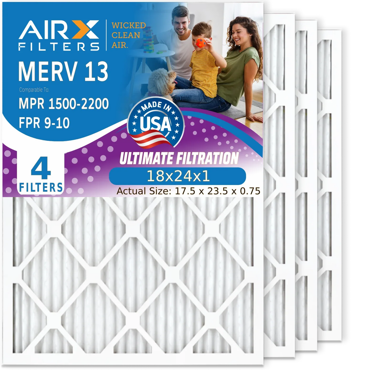 18x24x1 Air Filter MERV 13 Comparable to MPR 1500 - 2200 & FPR 9 Electrostatic Pleated Air Conditioner Filter 4 Pack HVAC AC Premium Made 18x24x1 Furnace Filters by AIRX FILTERS WICKED CLEAN AIR.
