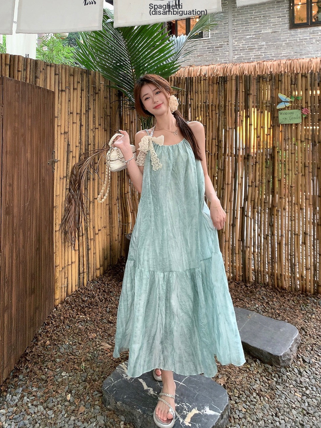 Summer Mambo Green Suspender Dress Loose Sleeveless Halterneck A-Line Long Skirt For Women