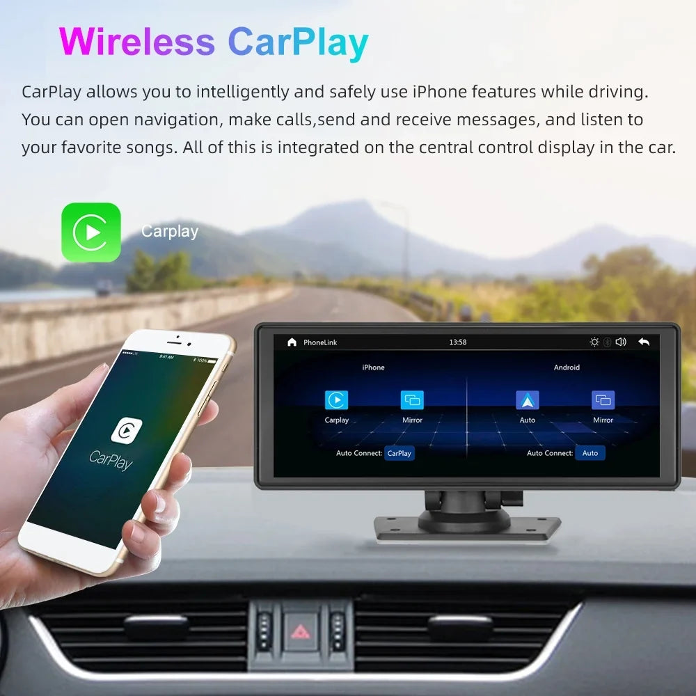 Polarlander 9.3" Wireless Carplay & Android Auto Portable Car Stereo, Front Dash Cam, Backup Camera, Bluetooth Hands-Free Calling, HD IPS Touchscreen,Supports Most Cars