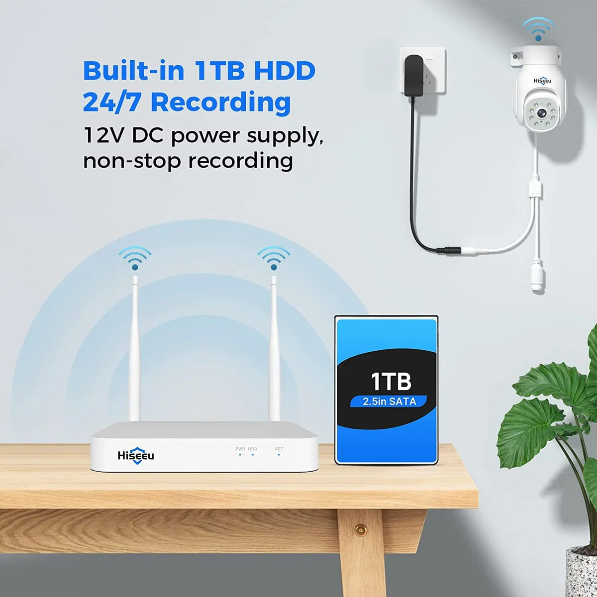 Hiseeu WiFi PTZ Security Camera System,5MP,Expandable 10CH NVR,1TB Hard Drive,12V DC Power Cords,IP66 Waterproof, Motion Alert, Plug&Play,24/7 Motion Record, Auto Track