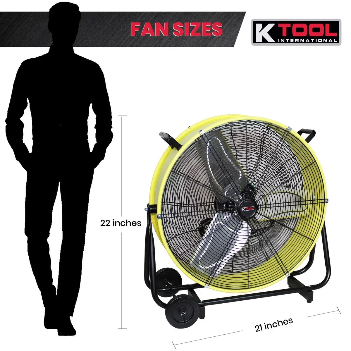 K Tool International 24 in. Direct Drive Tilting Industrial Drum Fan, Safety Yellow