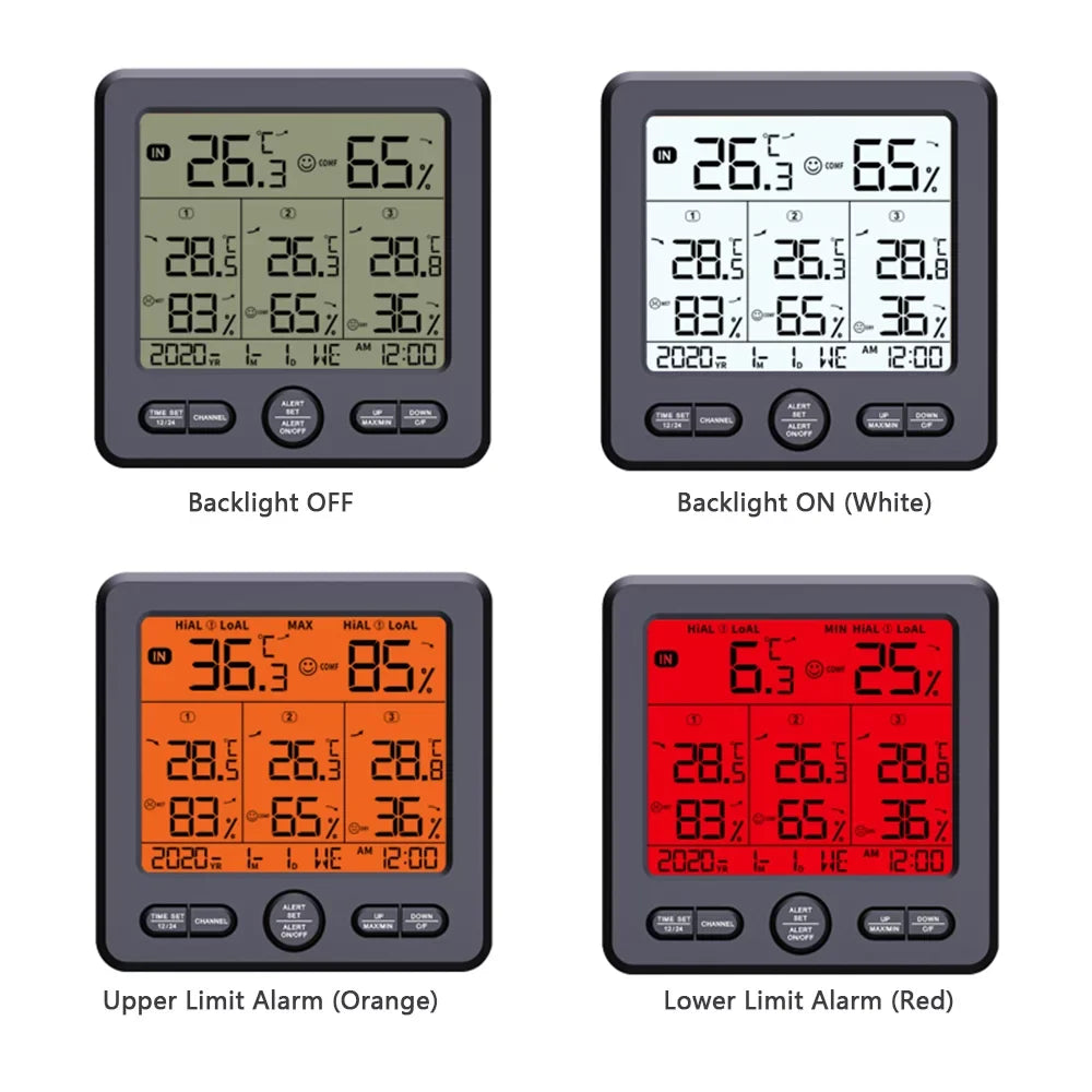 Digital Wireless Indoor Outdoor Thermohygrometer with 3 Remote Sensors 98ft/ 30m Backlight & Alarm Calibration Function Temperature Humidity Monitor with 3 Transmitters Weather Stations for Home Offic