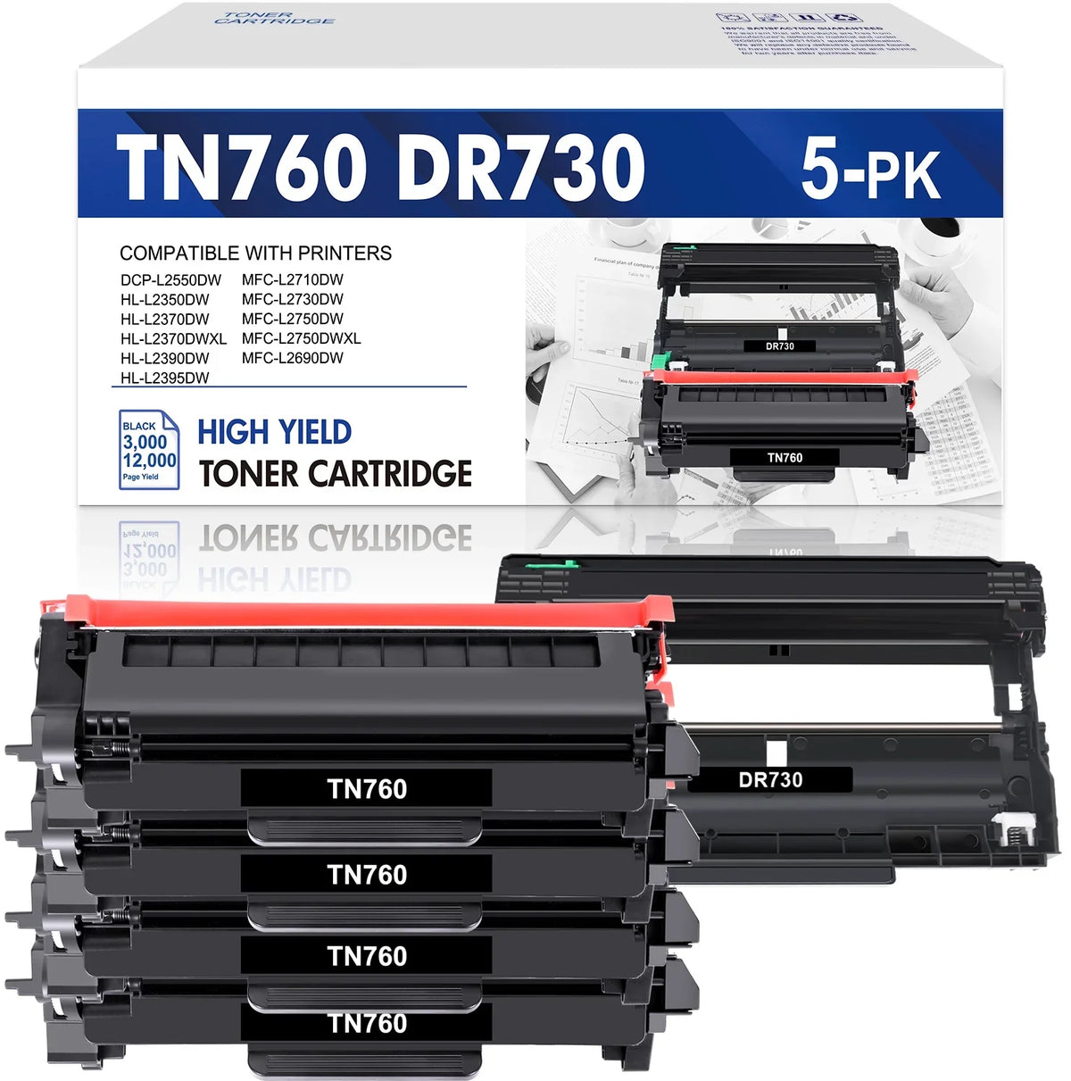 TN760 Toner Cartridge High Yield and DR730 Drum Unit Set Compatible for Brother HL-L2350DW DCP-L2550DW MFC-L2710DW MFC-L2690DW Printer (4x TN760 Toner, 1x DR730 Drum Unit )