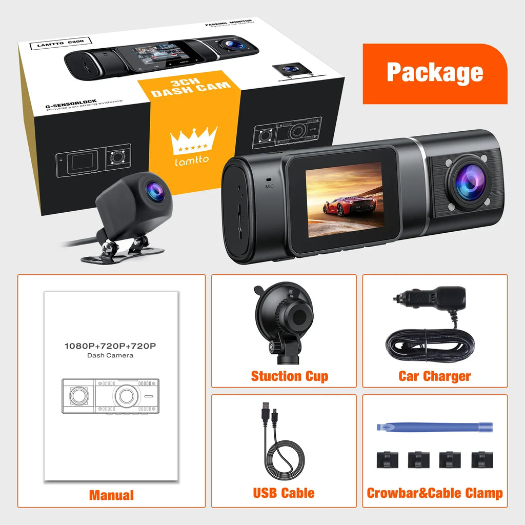 TOGUARD 3 Channel Car Camera Dash Cam Front and Rear Inside with IR Night Vision 1080P Dash Camera Three Way Triple Parking Monitor Motion Detection Accident Lock