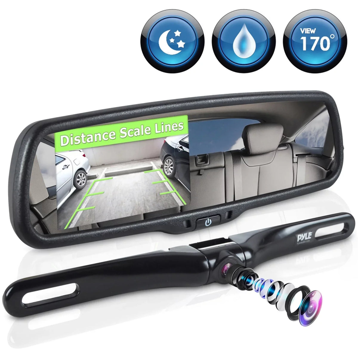 PYLE PLCM4550 - Backup Car Camera Rear View Mirror Screen Monitor System with Parking & Reverse Safety Distance Scale Lines