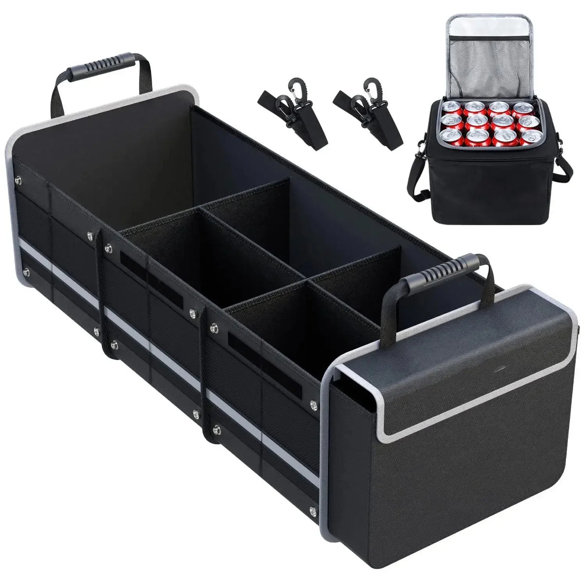 Glamor D Collapsible Trunk Organizer with Insulated Leak-proof Cooler Bag - 5-in-1 Car & SUV Cargo Storage Solution with Foldable Lid, Removable Dividers, and 2 Tie-Down Straps - Black