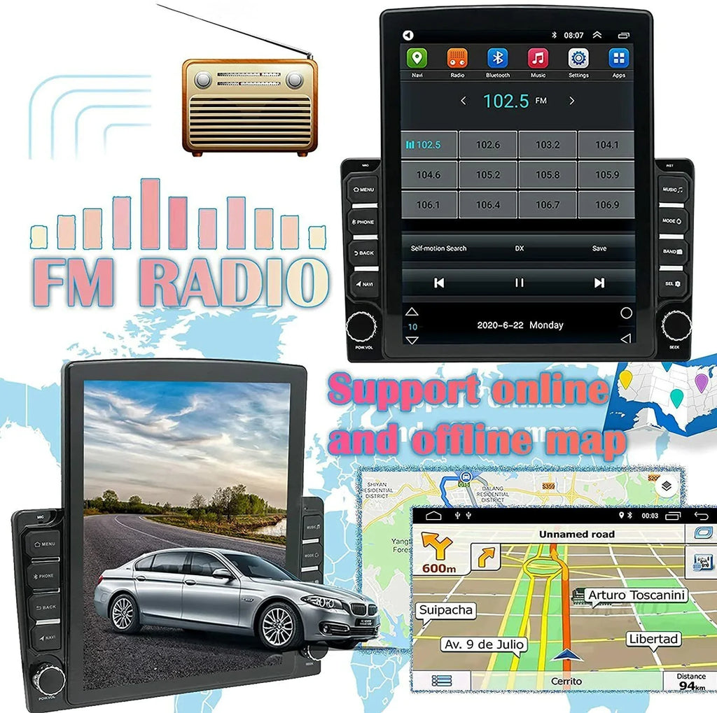 KingFurt Universal Car Stereo 9.7" Touch Screen Bluetooth Music FM Radio GPS Navigation Reversing Camera Input