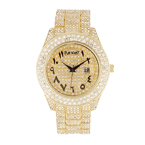 Charles Raymond Big Rocks Fully Iced Out Diamond Mens Watch w/Easy Read Date & Day - Designer Hip Hop Blinged Out Timepiece - ST10535 (ST10536-AN Gold -C)
